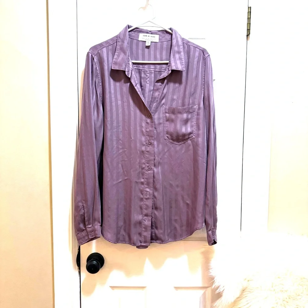 Cloth & Stone Anthropologie Mauve Grace Sateen Striped Button down XL - Picture 2 of 9